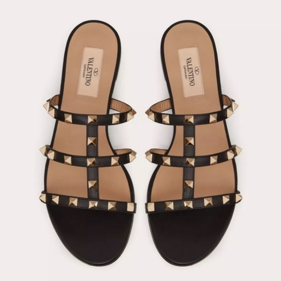 Valentino Shoes - Valentino Garavani Rockstud Slide Sandal Black and Gold